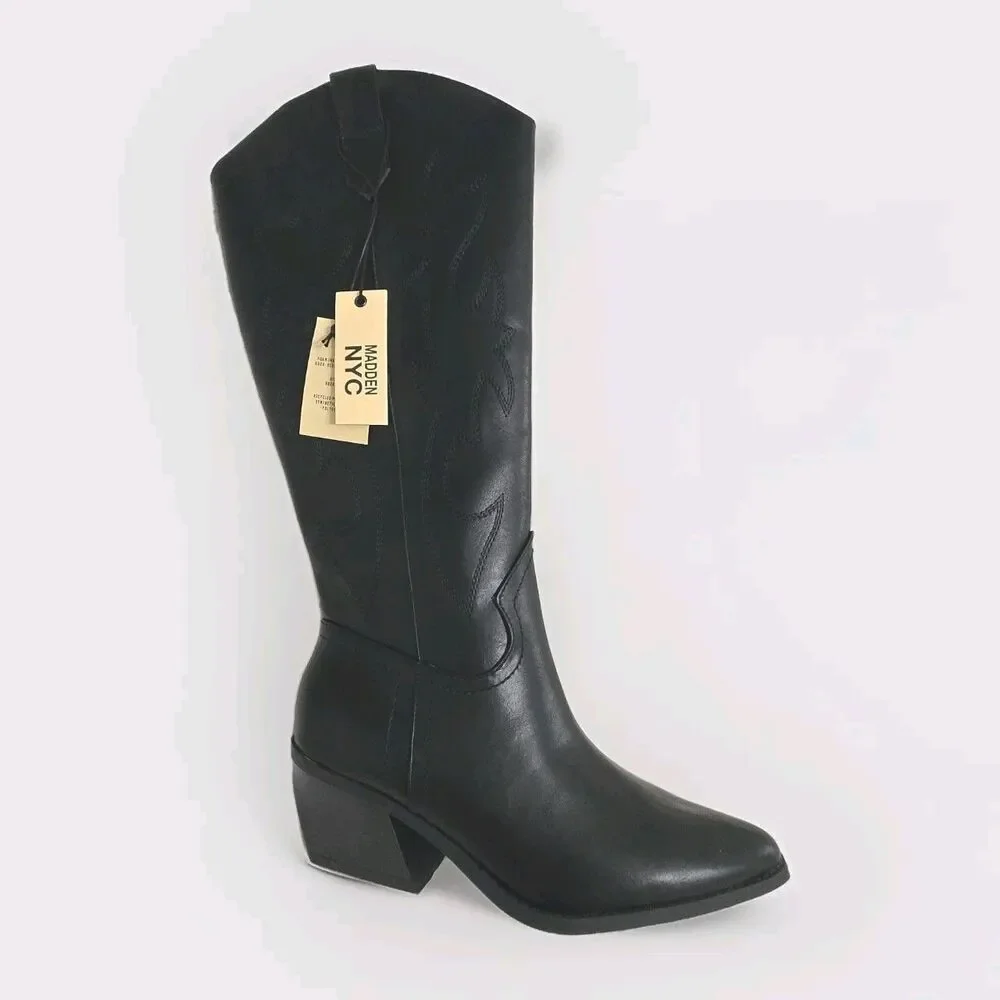 Madden NYC Boots Women's Sz 6 Tall Black Western Embroidered Pointed Block Heel
